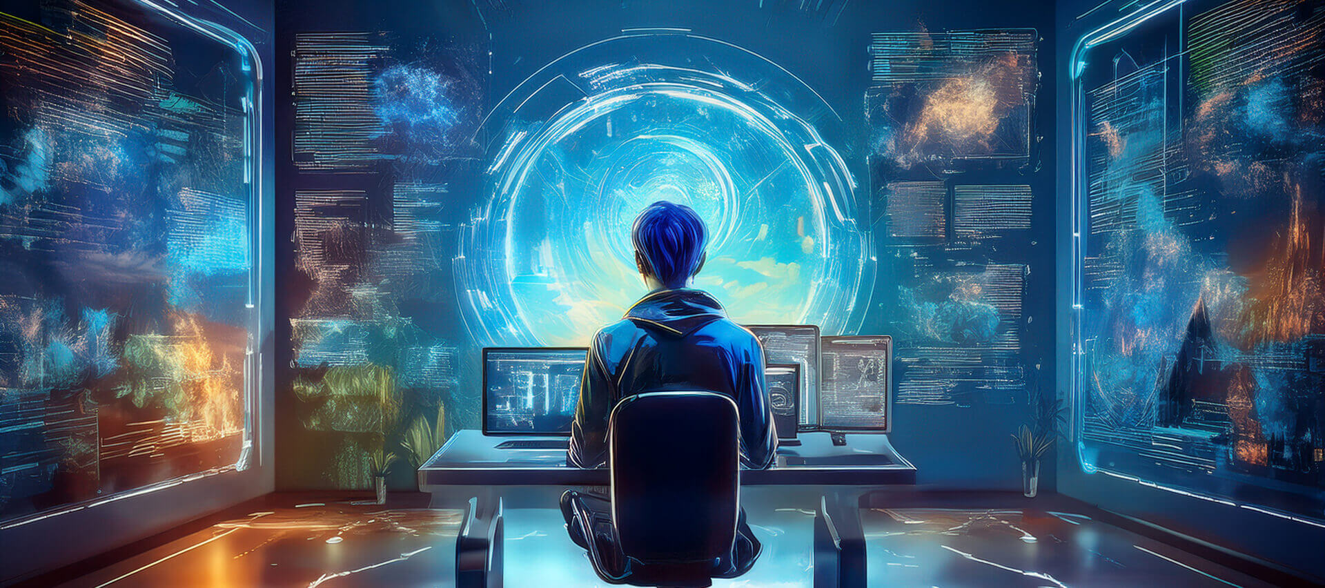 A person sits at a desk in a dark, high‑tech workspace surrounded by multiple monitors and holographic displays. A large circular interface glows at the centre of the scene, casting blue and white light across the room. Data visualizations, charts, and abstract digital patterns fill the walls, creating an immersive environment that suggests advanced computing, AI‑driven analysis, and complex decision‑making.