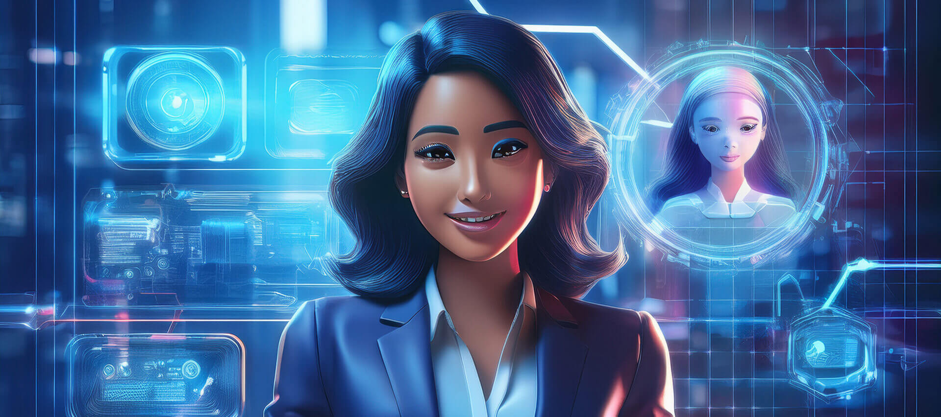 A stylized person stands in a futuristic digital environment, with holographic interface elements and a virtual avatar displayed behind them. The scene suggests communication between a human and a digital system, highlighting reliability, status awareness, and clear system feedback.