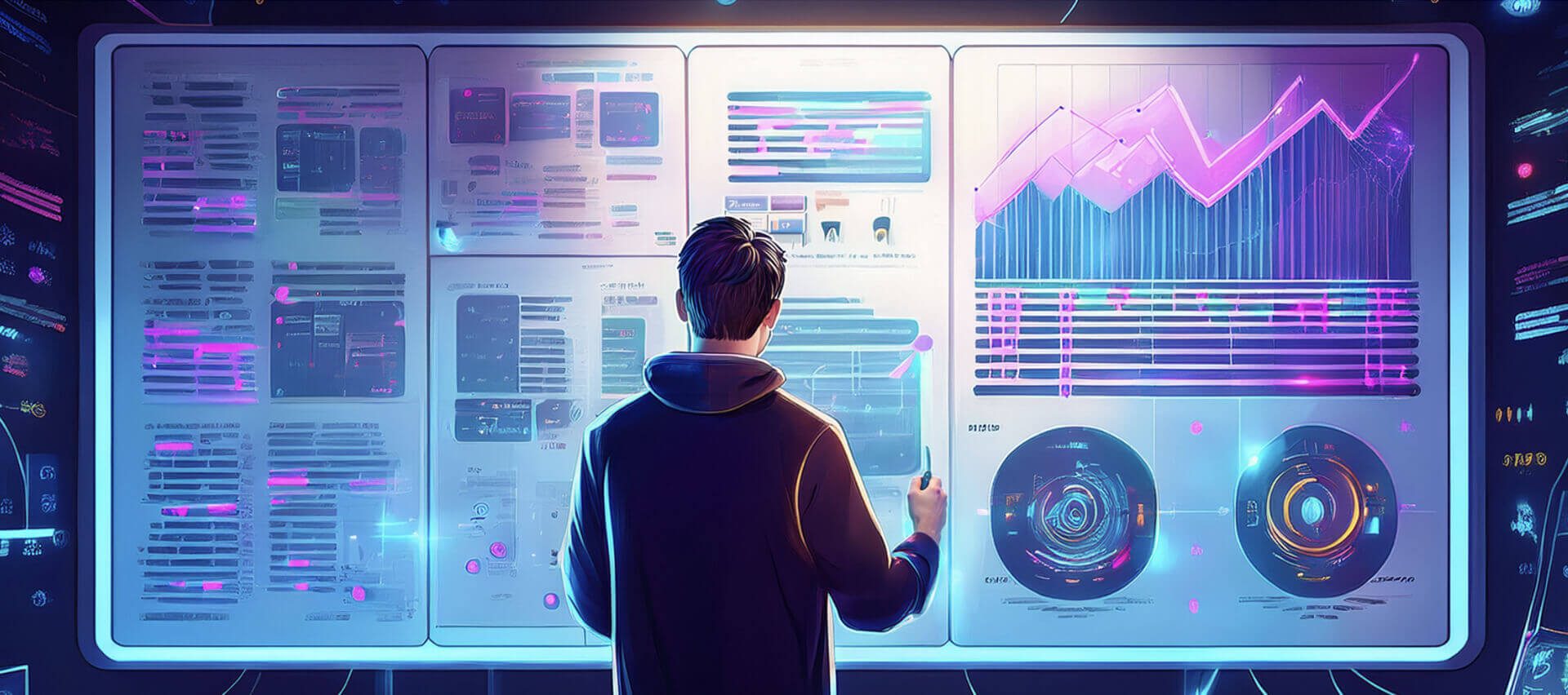 A person stands in front of a large futuristic data wall filled with glowing charts, graphs, and analytical panels in neon colours. They interact with the display using a stylus, suggesting active testing, analysis, and continuous optimisation.