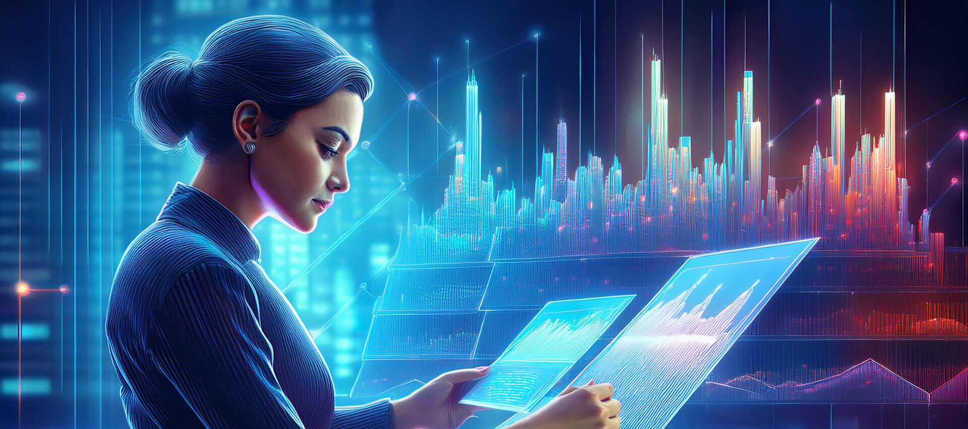 A person stands in profile, examining a large futuristic display filled with multicoloured charts, graphs, and glowing data panels. The scene conveys advanced analysis, insight generation, and the measurable impact of data‑driven systems.