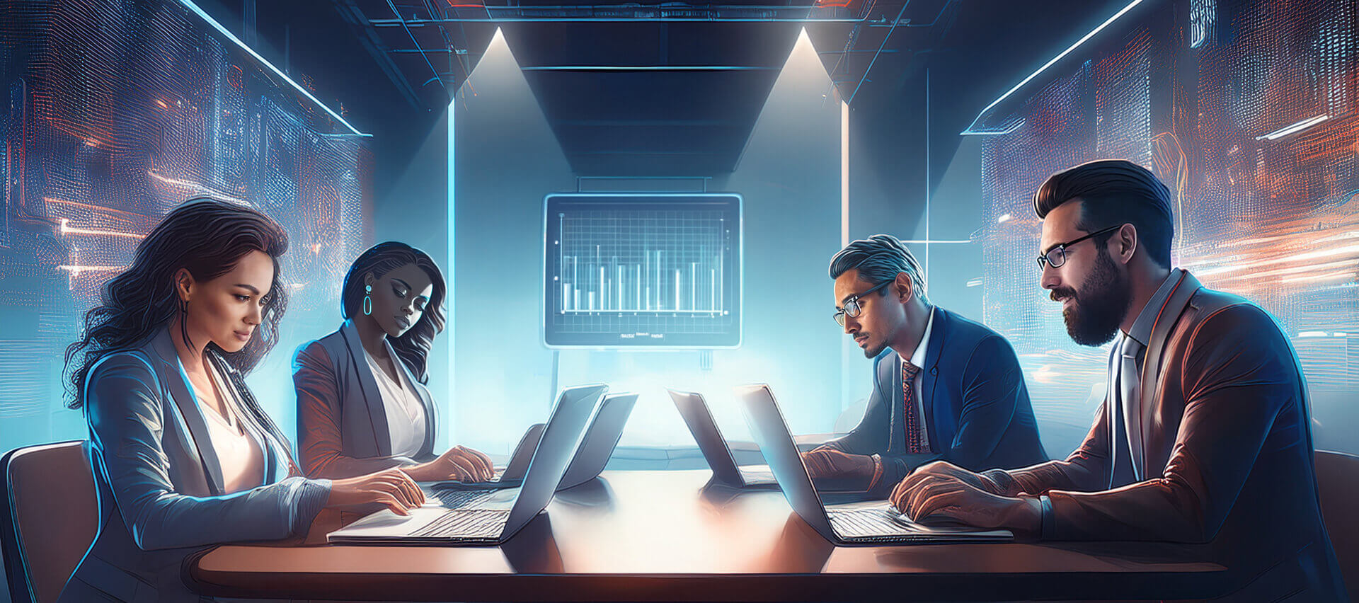 A group of four people sit around a conference table in a modern, tech‑driven meeting room, each working on a laptop. A large screen at the front displays a bar chart, and the walls glow with abstract digital patterns in blue and orange. The scene conveys collaborative analysis, data‑driven decision‑making, and a high‑tech service environment.