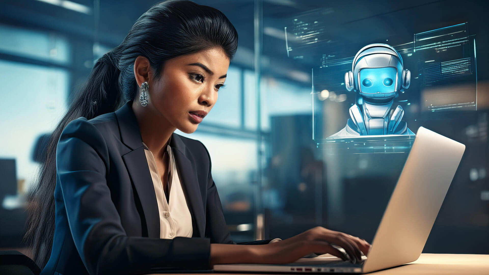 A person sits at a desk in a modern office, working on a laptop while a holographic AI assistant appears above the keyboard. The scene conveys human–AI collaboration, with the glowing projection suggesting guidance, dialogue, and shared problem‑solving.