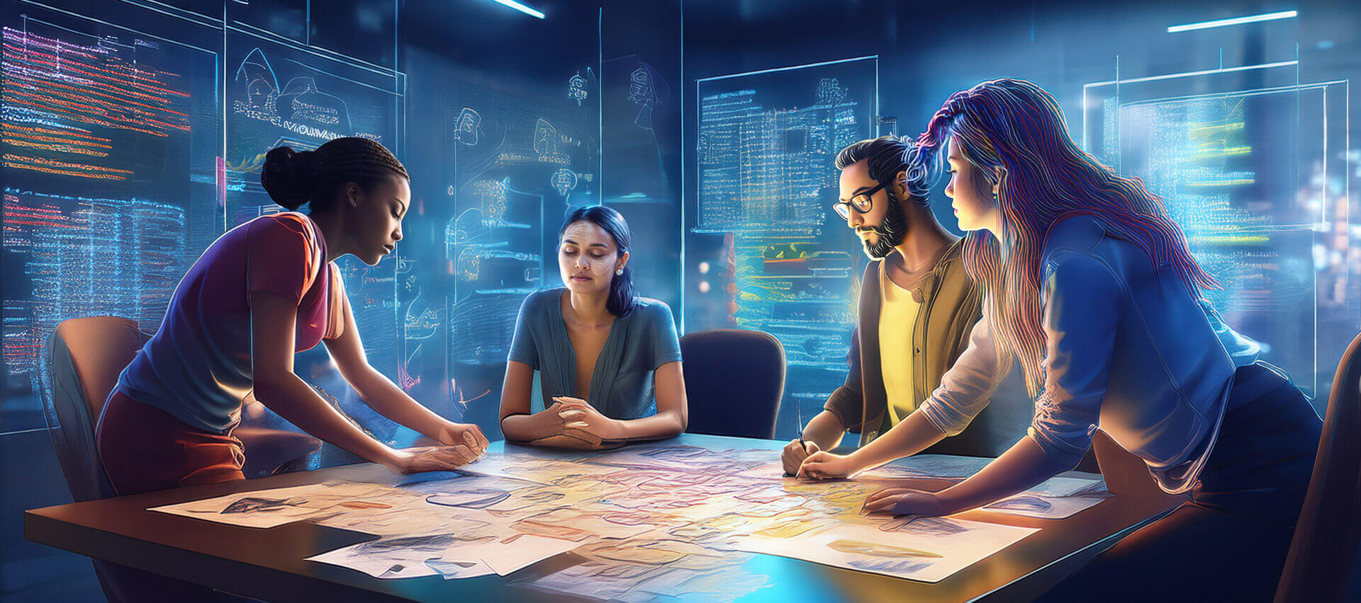 A small team gathers around a table in a dim, high‑tech workspace, reviewing papers and diagrams while transparent digital screens float around them displaying data, code, and system schematics. The scene conveys collaborative problem‑solving and the orchestration of complex technical systems.