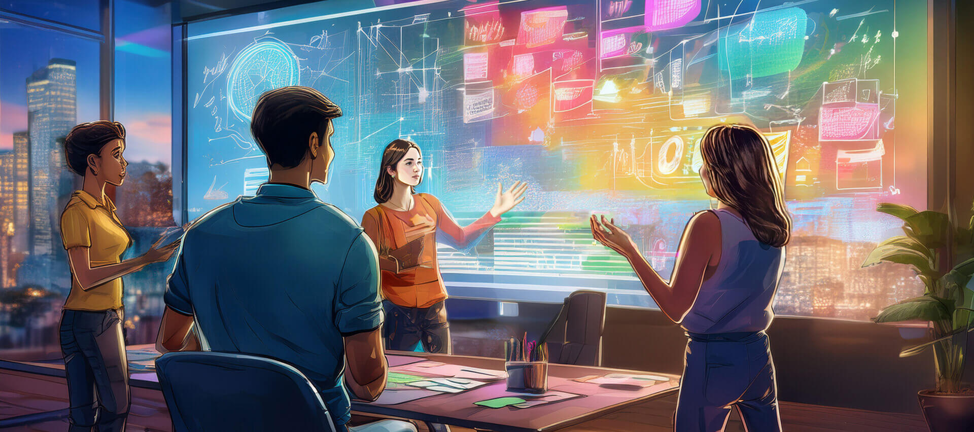 A group of four people stand in a modern office, gathered around a large transparent digital display filled with colourful charts, diagrams, and data visualisations. The scene conveys collaborative analysis and thoughtful decision‑making in a high‑tech environment.
