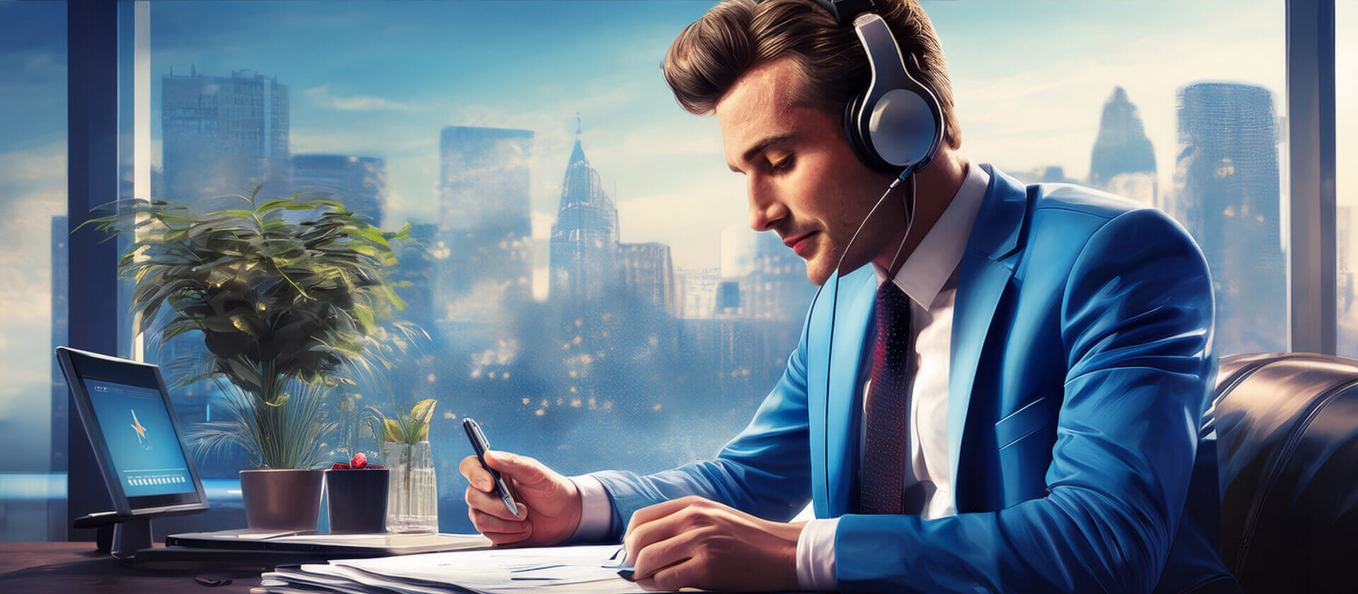 A person in a bright blue suit sits at a desk in a modern office overlooking a city skyline, writing on paper while a computer monitor displays a stylized chart. The scene conveys focused work, productivity, and the integration of digital tools within a broader workflow.