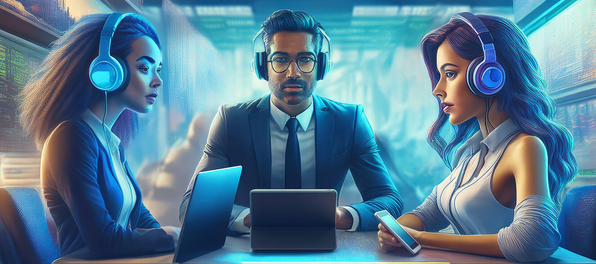 Three people sit at a table in a modern, tech‑driven workspace, each wearing headphones and using different devices, a laptop, a tablet, and a smartphone. The softly lit environment and digital displays in the background suggest adaptive, multi‑modal interaction and collaborative problem‑solving.