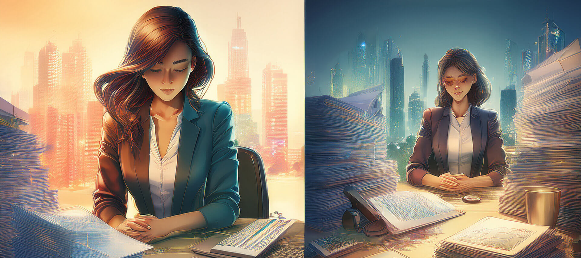 A split scene shows the same person working at a desk surrounded by large stacks of documents—one side in warm daylight, the other in cool nighttime lighting. The contrast highlights sustained effort, heavy paperwork, and the ongoing complexity of real‑world tasks.
