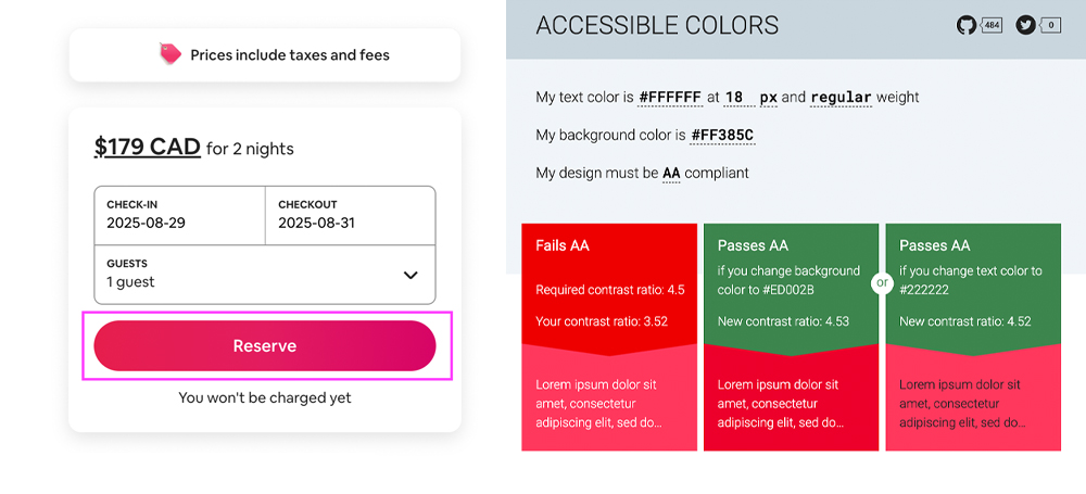 Screenshot of Airbnb’s “Reserve” button failing contrast checks, with AccessibleColors.com showing insufficient contrast between the white text and pink background, highlighting WCAG 2.1 AA non-compliance.