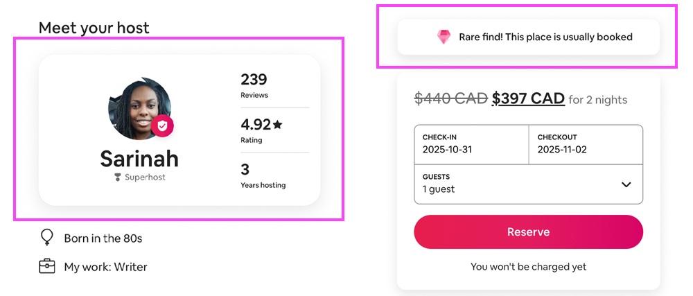 Screenshot comparing two visually identical boxes on Airbnb: the left box labeled “Meet your Host” is interactive, while the right box labeled “Rare Find – This place is usually booked” is not. The identical styling creates confusion about what is clickable.