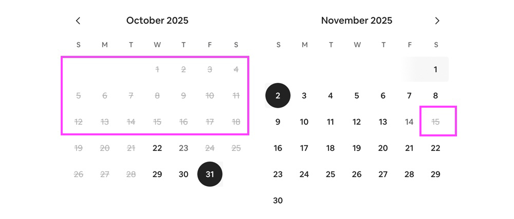 Screenshot of Airbnb’s calendar interface showing disabled date buttons with low contrast against the background. Highlighted areas indicate how the inactive states are difficult to distinguish, especially for users with low vision.