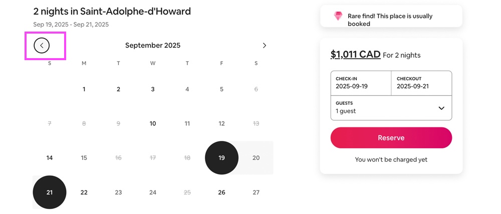 Screenshot of Airbnb’s date picker calendar with one section highlighted to indicate where keyboard focus is trapped. Demonstrates an accessibility issue where users on certain devices and browsers, like iPad with Magic Keyboard, cannot tab into or out of the calendar interface.