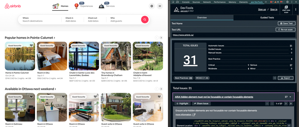 Screenshot of an accessibility audit report run using Google’s Axe tool, showing a total of 31 issues, with 27 marked as serious. Highlights a significant number of unresolved accessibility problems on Airbnb’s interface that could have been caught with basic automated testing.