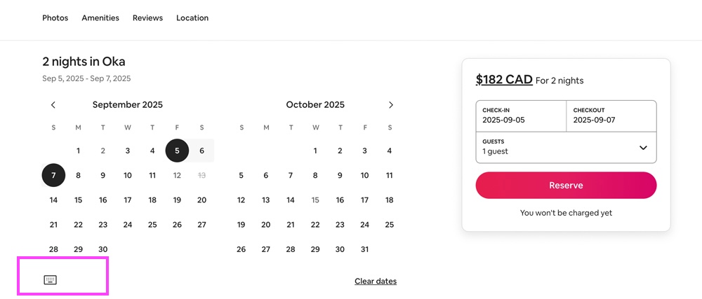 Screenshot of Airbnb’s calendar interface with a keyboard icon below the date picker, highlighted to show the lack of visible label or tooltip. The icon has no explanatory text, leaving users to guess its function—posing usability and accessibility issues for screen reader users and those unfamiliar with the symbol.