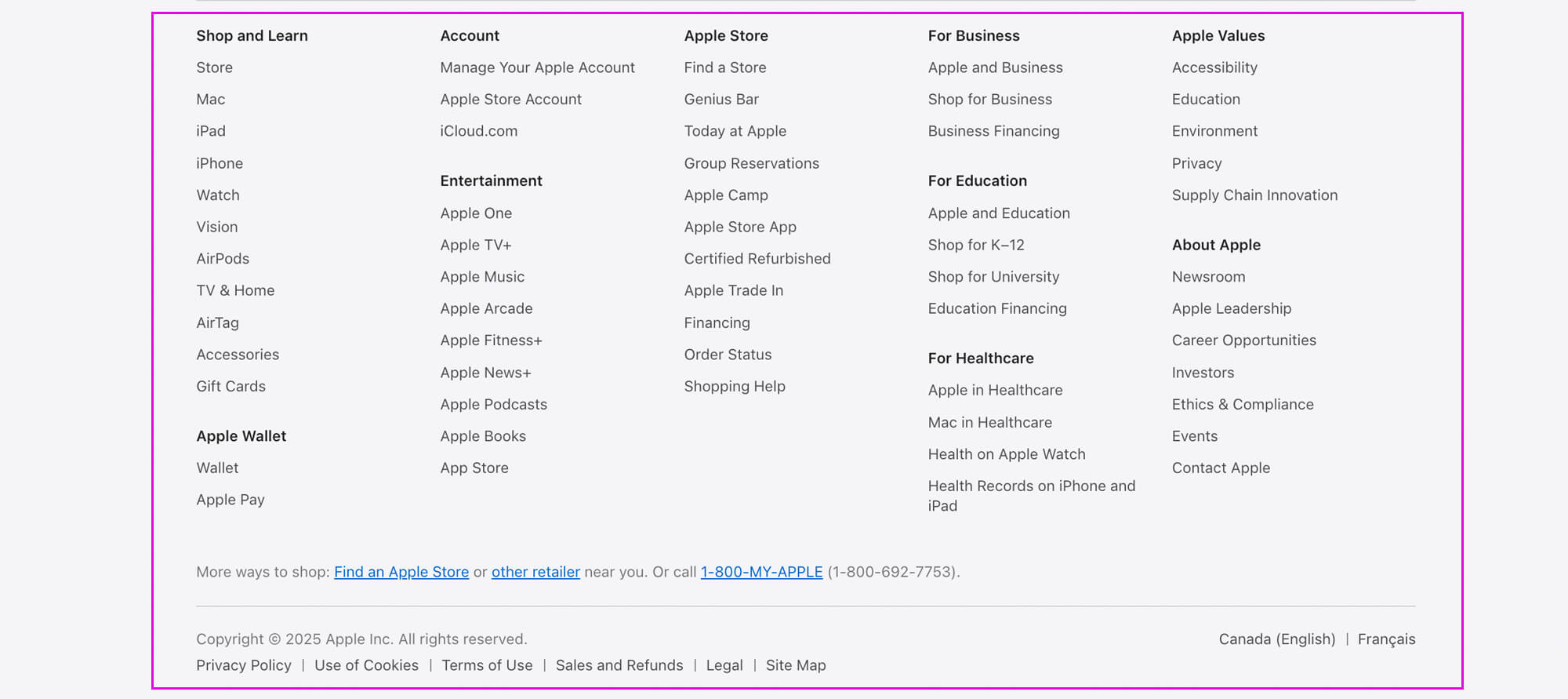 Apple.com footer navigation menu highlighted, showing multiple detailed links such as Education, Accessibility, Careers, and Legal, illustrating functional depth hidden at the bottom of the site.