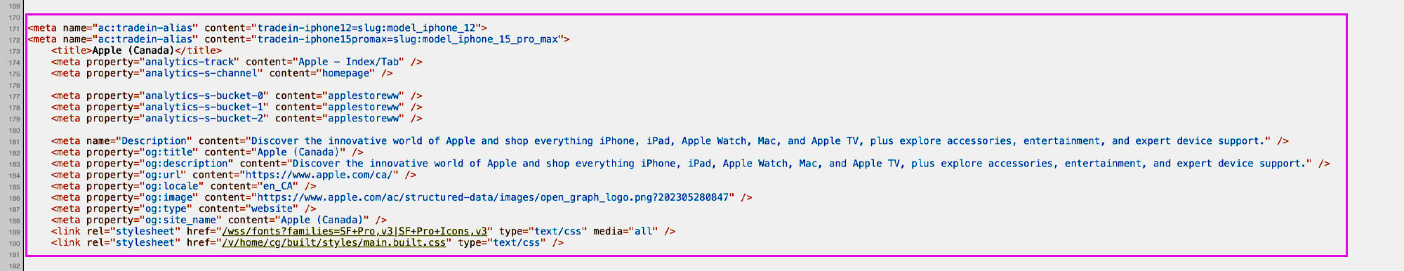Screenshot of Apple.com source code showing repeated page titles, generic meta descriptions, and no meta keywords, highlighting underused metadata for SEO.