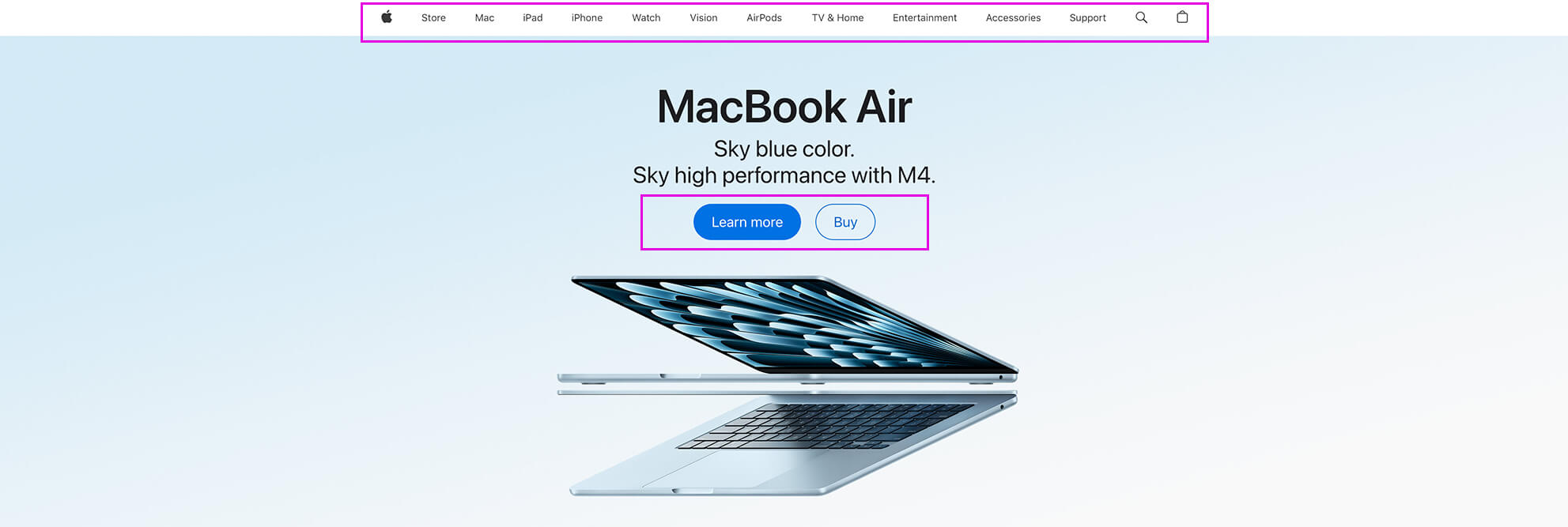 Screenshot comparing Apple.com and Apple.ca showing identical top navigation menu with product categories and a MacBook Air hero section featuring ‘Learn more’ and ‘Buy’ buttons, illustrating lack of localization.