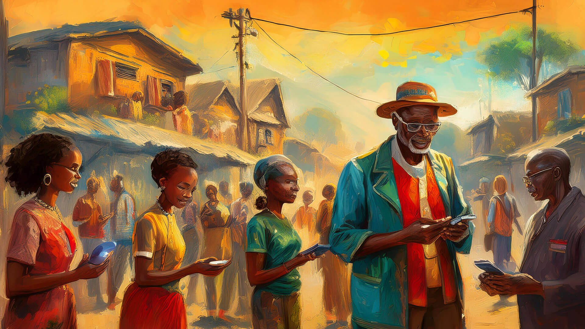 A vibrant village scene at sunset, where people of all ages engage with mobile phones amid traditional homes and utility wires. The warm sky casts a golden glow over the community, blending modern connectivity with rural life. The image evokes a sense of possibility—where technology, inclusion, and local innovation converge to shape futures built for everyone.