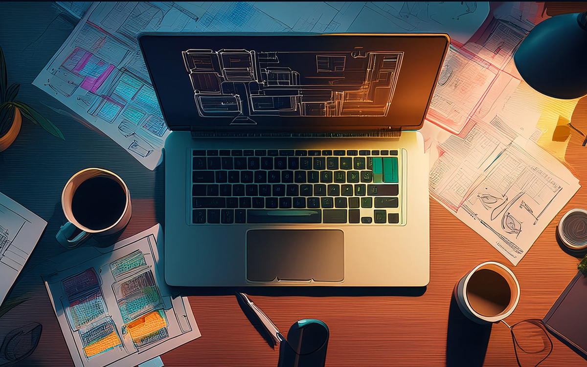 Top-down view of a laptop surrounded by UX wireframes, sketches, and coffee mugs on a designer’s desk, symbolizing portfolio planning and case study writing.