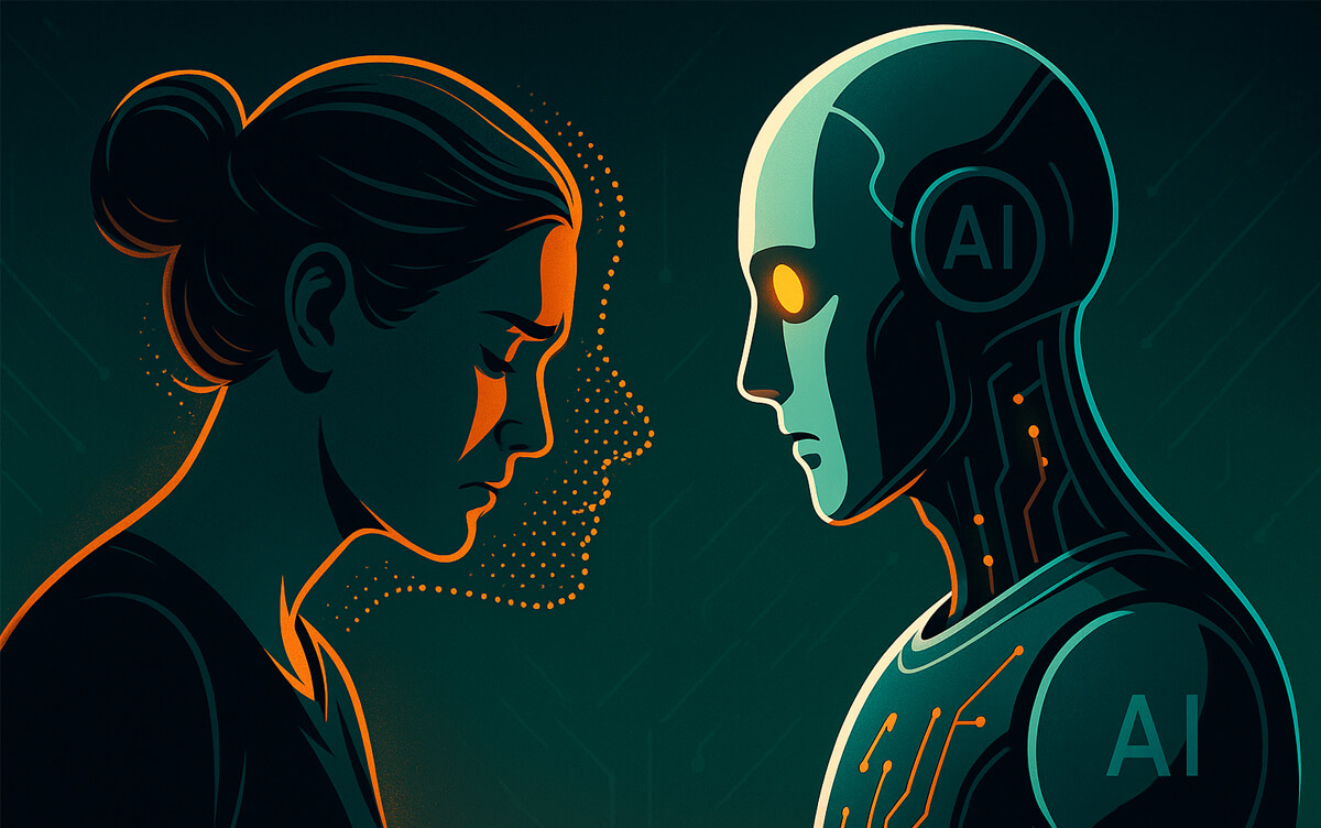 A solemn human woman faces an expressionless AI robot, highlighting the emotional disconnect between human empathy and artificial intelligence in UX design.
