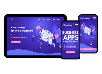 Responsive design mockup of a business time management app displayed on tablet and smartphone screens, featuring a scheduling interface in purple and pink tones.