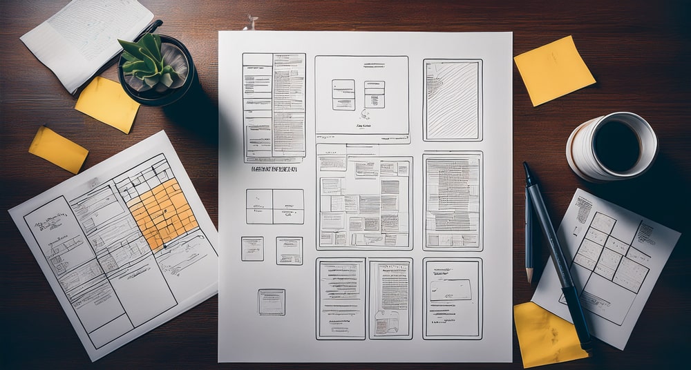 Overhead view of UX wireframe sketches on a desk with coffee, sticky notes, and a notebook — showing early-stage design decisions and layout planning.