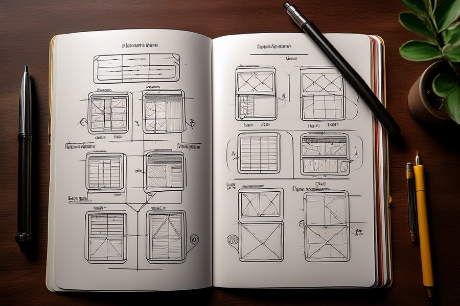 Open sketchbook showing hand-drawn UI wireframes and layout concepts, surrounded by pens and a plant on a wooden desk — representing early-stage UX design planning.