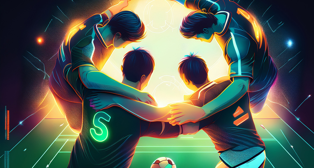 Illustration of four soccer players huddled together on the pitch, arms around each other in a show of trust and teamwork, with a glowing soccer ball at their feet and digital UI elements subtly integrated into the field lines.