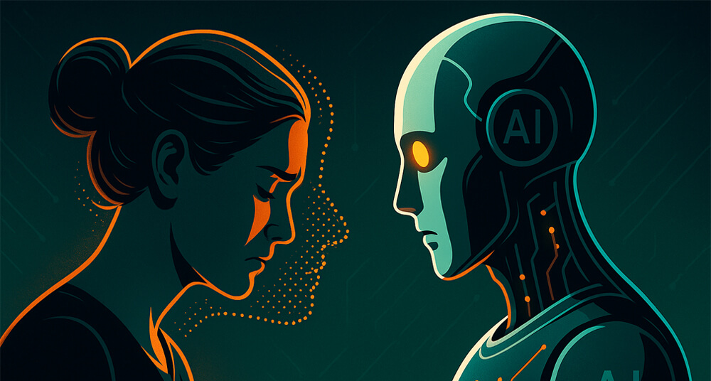 A solemn human woman faces an expressionless AI robot, highlighting the emotional disconnect between human empathy and artificial intelligence in UX design.