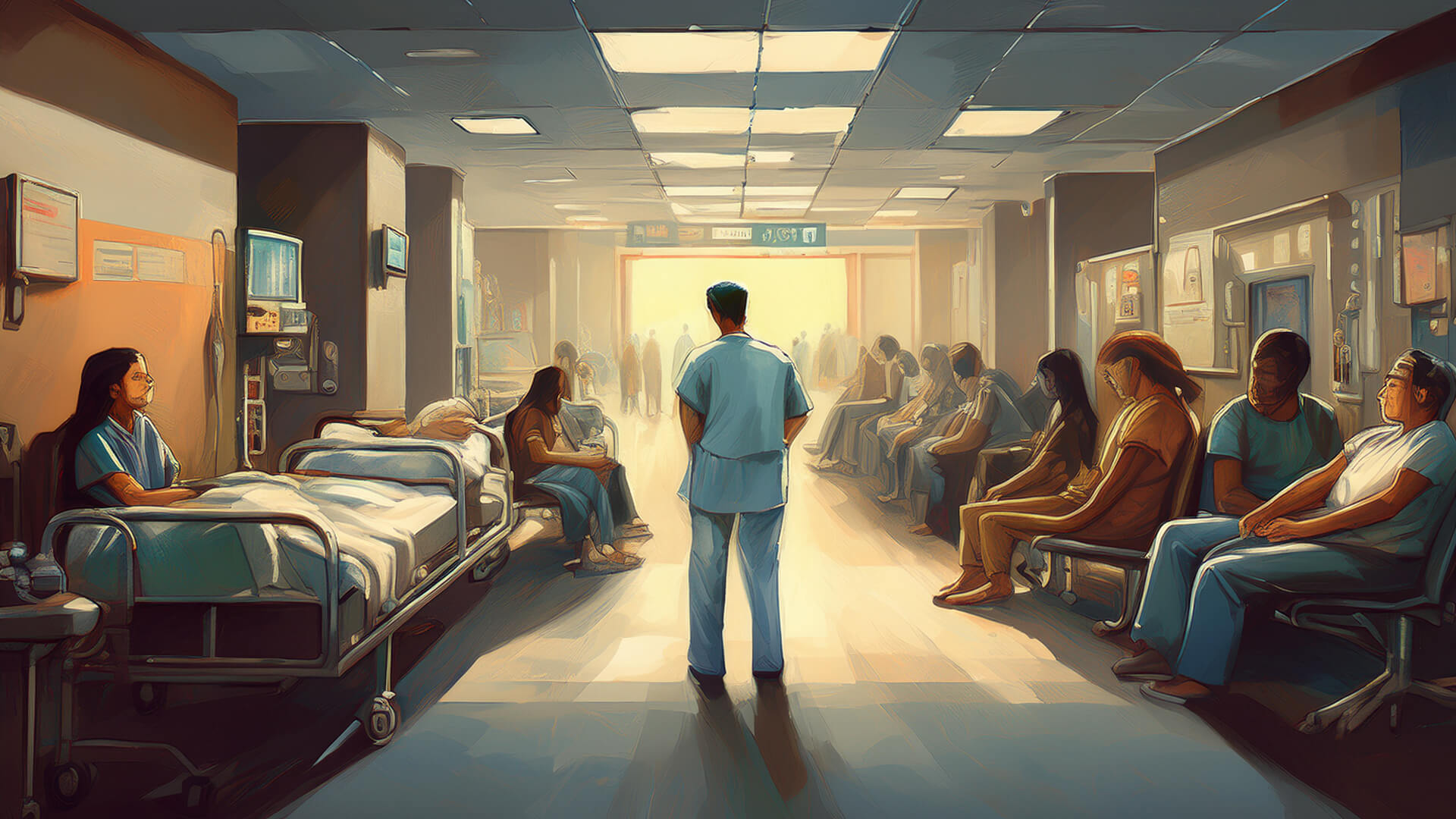 A crowded hospital emergency room with patients sitting in rows of chairs and lying in beds, facing a lone medical worker standing in the center. The hallway is dimly lit, with a bright light at the far end, creating a stark contrast between the waiting area and the unknown beyond. The scene conveys anxiety, uncertainty, and the feeling of being left in the dark.
