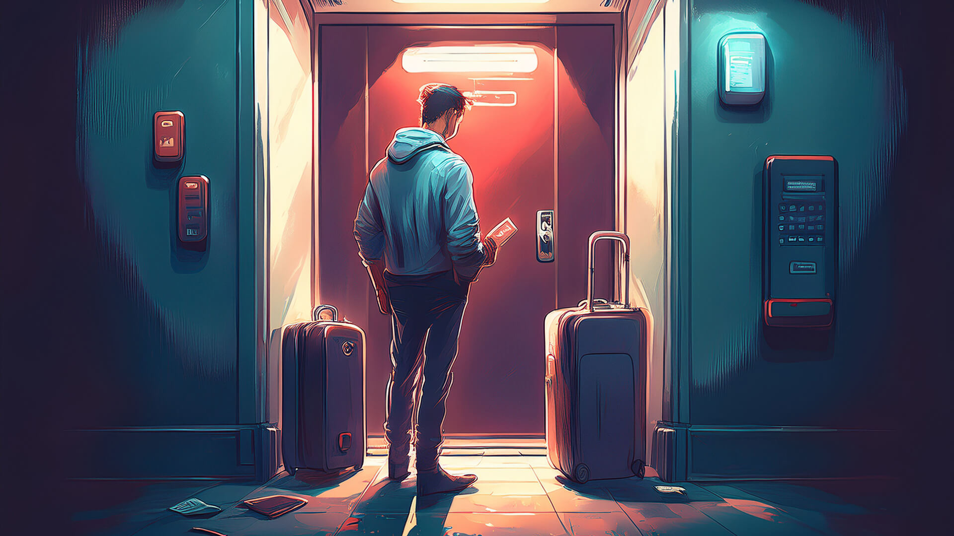 A man stands with luggage in front of an open door, symbolizing the challenges of outdated key card systems.