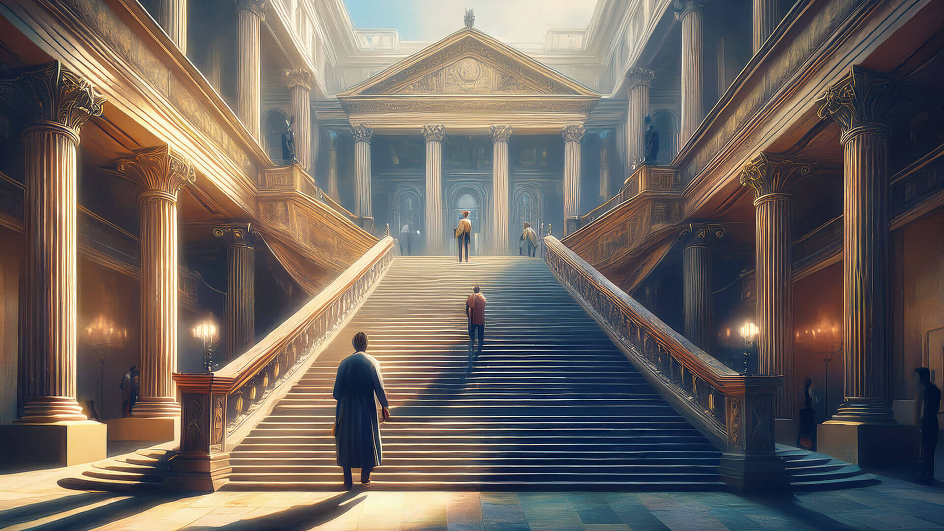 A grand classical interior with a sweeping staircase leads to a temple-like facade adorned with Corinthian columns and a pediment. Figures in robes ascend the steps, dwarfed by the scale of the architecture. The scene evokes reverence, hierarchy, and exclusion, where elevation symbolizes access and belonging, and absence from the ascent implies invisibility.