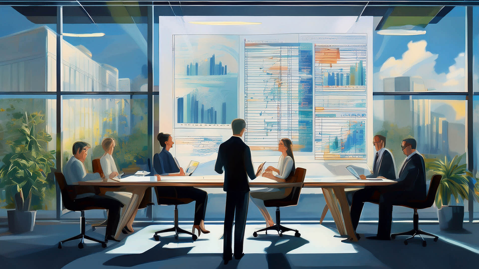   
                        A sleek, modern conference room with seven professionals gathered around a long table, focused on a large digital screen displaying charts and data. Floor-to-ceiling windows reveal a cityscape beyond. The scene conveys precision, collaboration, and the structured rigor of systems—where accessibility is not an afterthought, but a built-in requirement shaping design and decision-making.