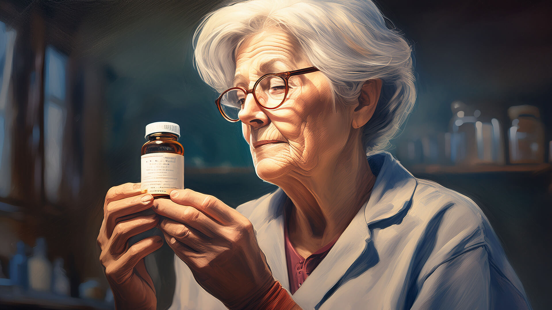 An elderly woman holds a medicine bottle, highlighting the importance of clear prescription labels for safety and accessibility.