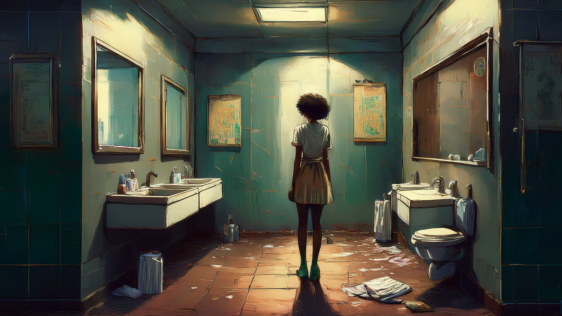 A person stands alone in a dimly lit public bathroom with scattered paper towels on the floor, empty dispensers, and broken fixtures, symbolizing neglect and lack of human-centred design.