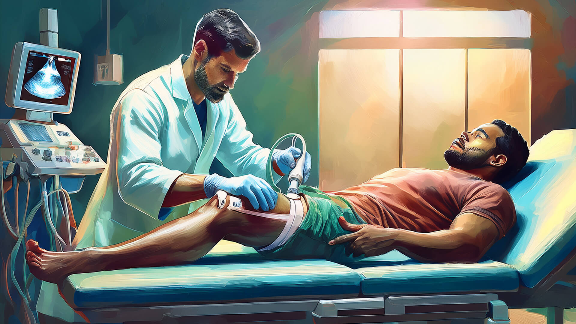 A man lies on a medical bed receiving a knee ultrasound from a doctor using traditional equipment. The patient looks tense and uncomfortable, while the doctor focuses on the screen. The scene reflects a clinical environment with no signs of warmth or patient-centred care.