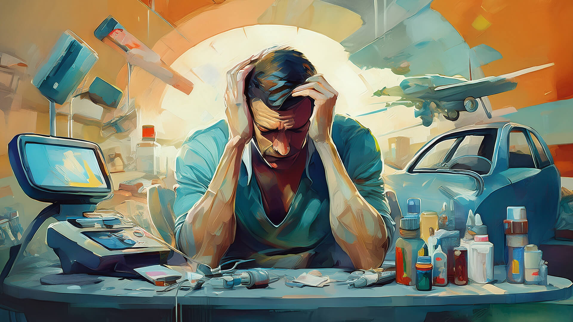 A man sits at a desk with a computer and a car model, reflecting on user experience challenges in product design.