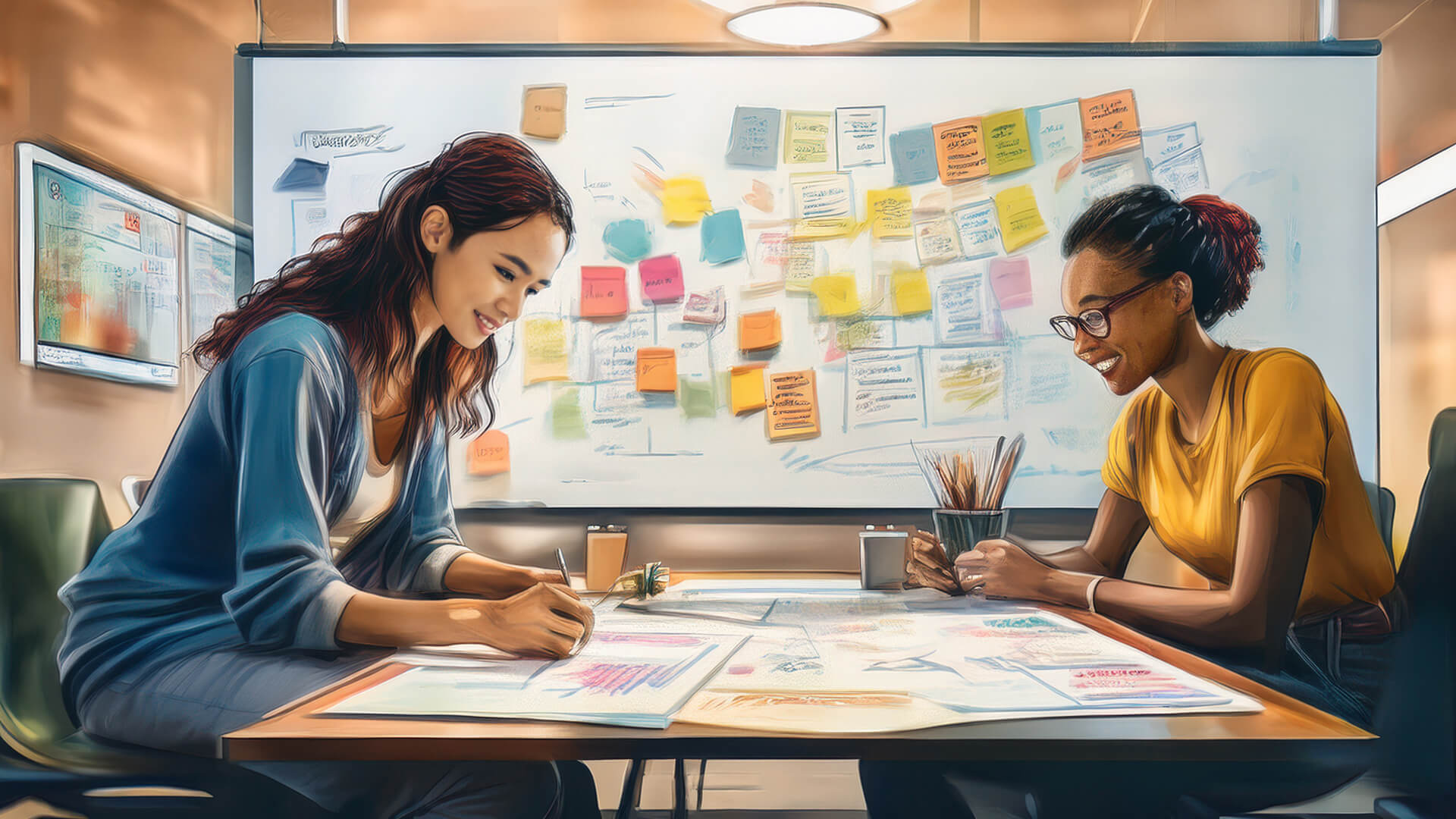 Two women collaborate at a table, surrounded by sticky notes on the wall, brainstorming user experience design ideas.