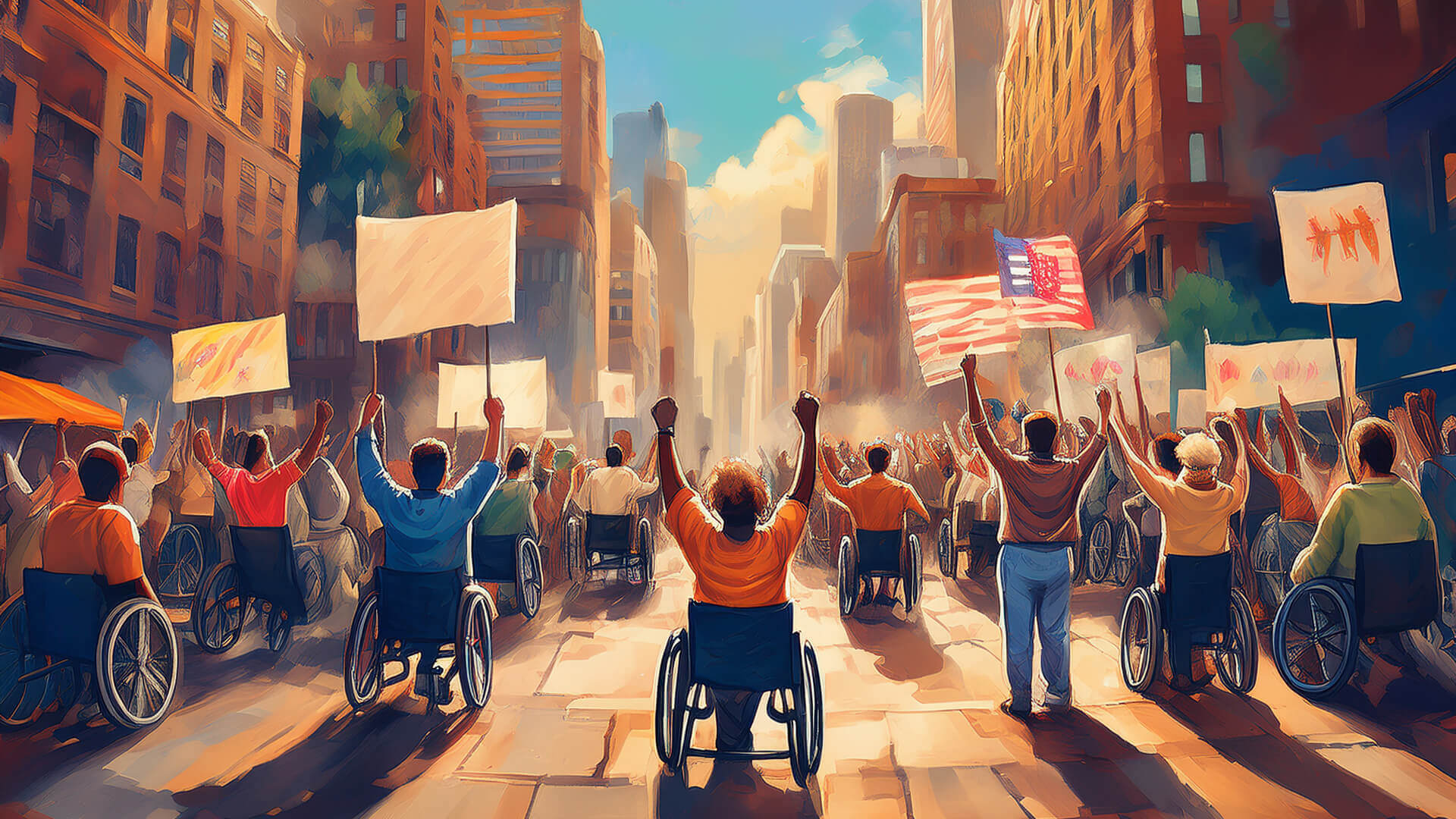 A powerful street protest scene in a city, with wheelchair users and allies raising fists and banners in solidarity. One sign features the American flag, symbolizing national advocacy. The crowd’s energy and unity evoke a pivotal moment in the fight for disability rights—where visibility, pressure, and collective action began to reshape law and public perception.
