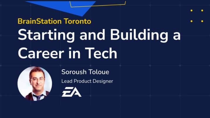 Presentation slide titled ‘Starting and Building a Career in Tech’ featuring Soroush Toloue’s photo and the EA logo.